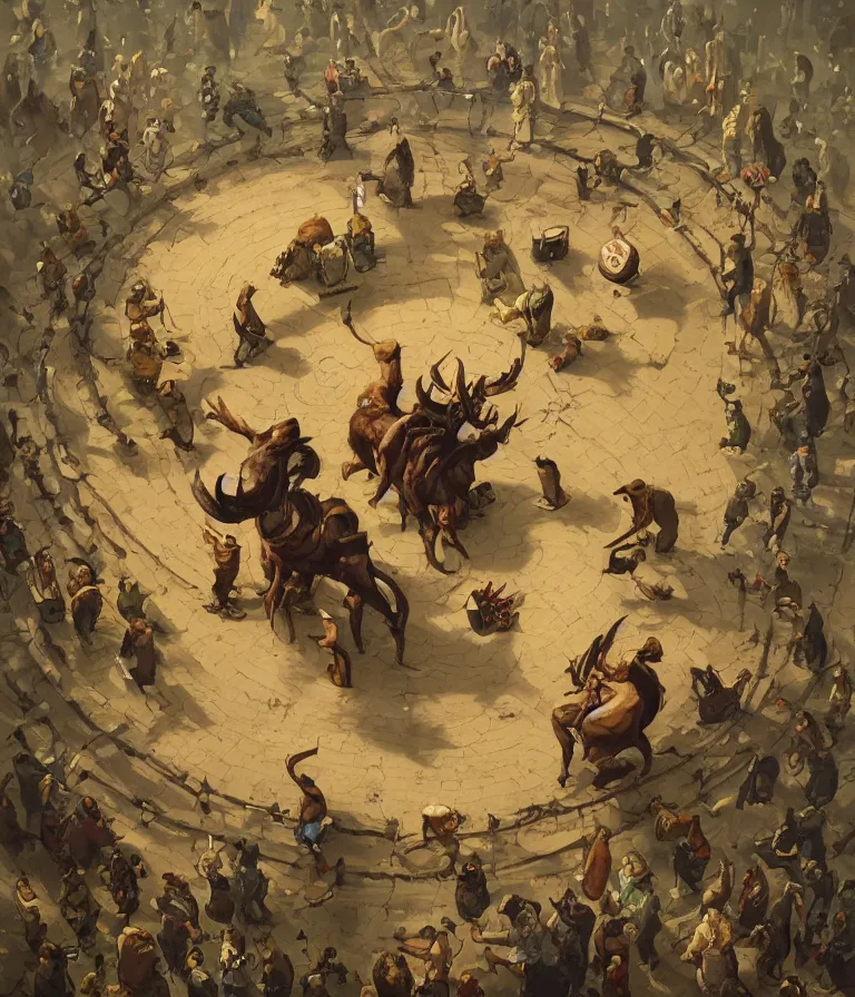 Prompt: a cowboy druid snake oil salesman standing in a circle at the bull run at the beginning of the world by peter mohrbacher and james jean