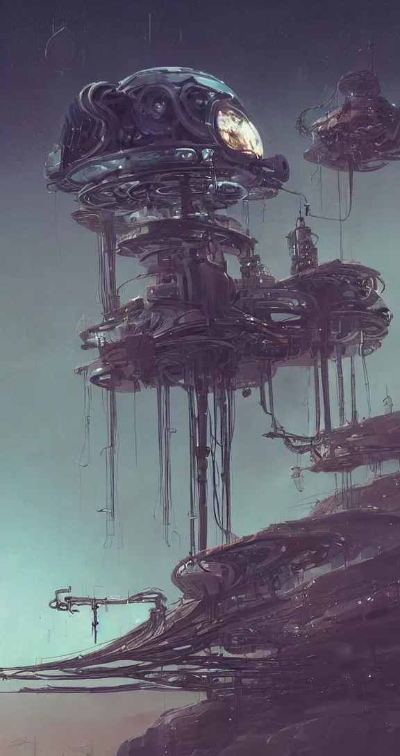 Image similar to complex mechanical starship with long tendrils, lots of hanging cables and wires, messy cords, pouring smoke and oil, sci - fi concept art, by john harris, by simon stalenhag, stunning, award winning