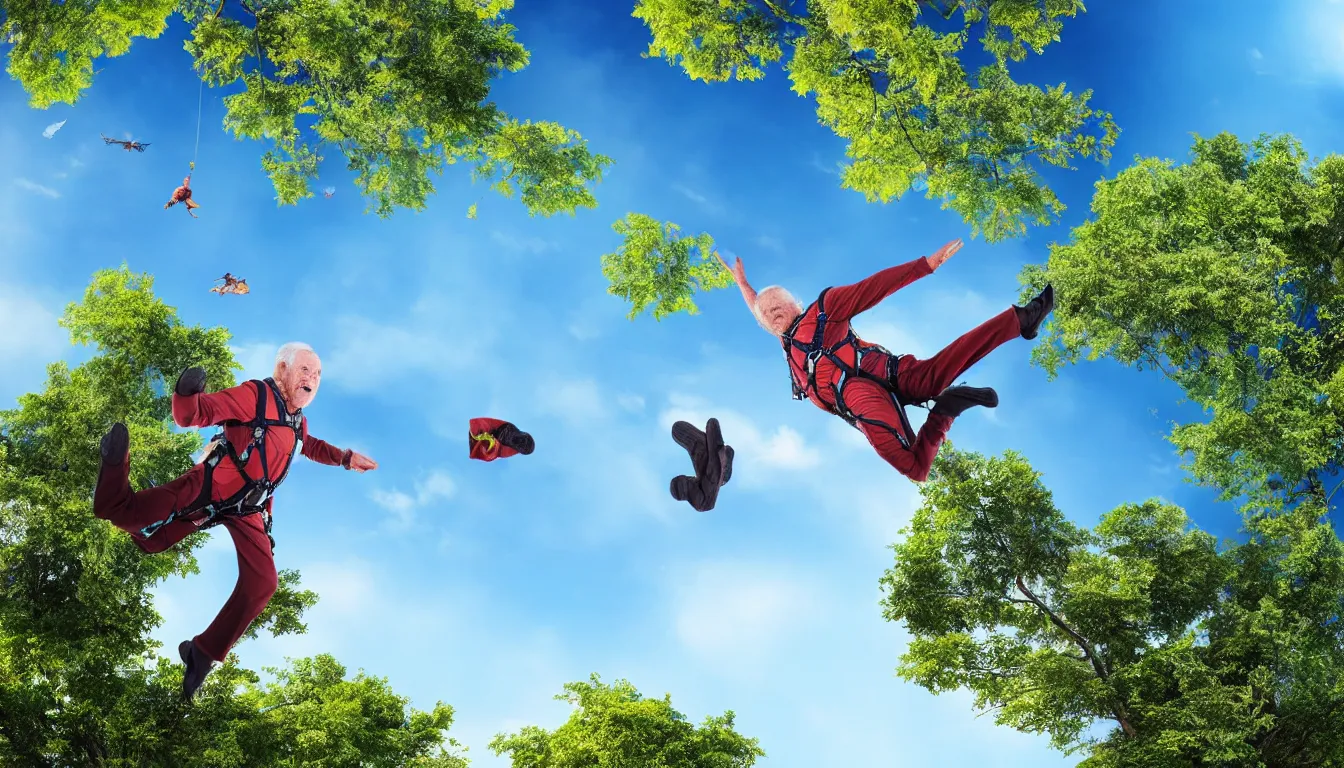 Image similar to photo of old man free falling from the sky with parachute into the tree, very detailed, realistic, 4 k, award winning photography