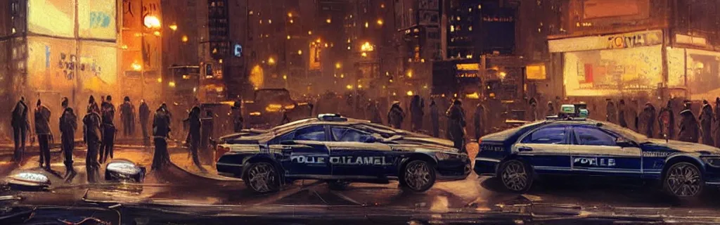 Image similar to a police crime scene at night on the streets of new york. epic cinematic hyperrealism masterpiece. realistic poster with shaded lighting by craig mallismo, artgerm, jeremy lipkin and michael garmash, unreal engine, radiant light, detailed and complex environment, digital art, art station trends, detailed faces, detailed eyes