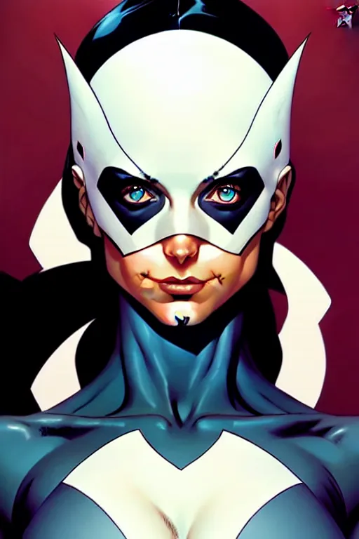 Prompt: artgerm, joshua middleton comic cover art, pretty domino marvel comics sarah michelle gellar entire full body, white skin, asymmetrical black spot covering left eye, no spot right eye, symmetrical eyes, symmetrical face