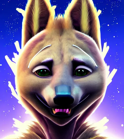 Image similar to digital detailed full body of anthromorphic female hyena, in style of zootopia, fursona, furry, furaffinity, 4 k, deviantart, wearing astronaut outfit, in style of zootopia, floating in space, space background, in deep space, dark background, hyena fursona, cyberpunk, female, detailed face,