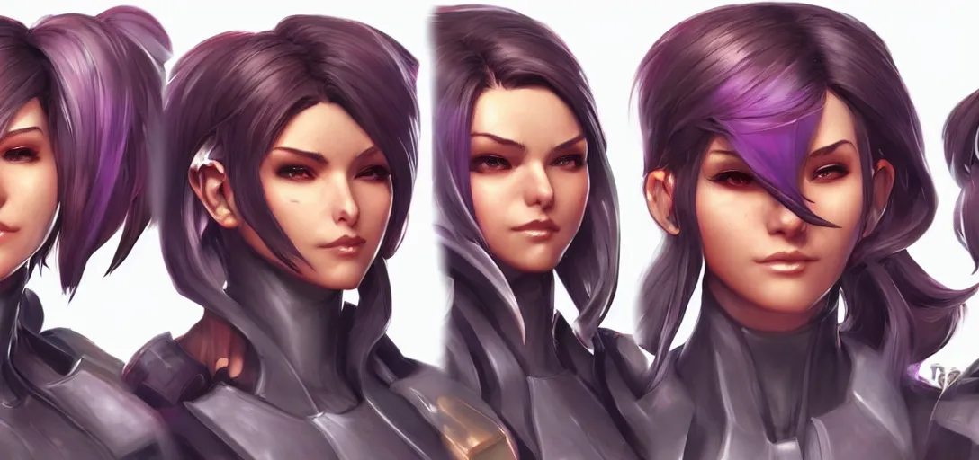 Image similar to concept art of female video game characters head designs, overwatch by marc brunet and artgerm