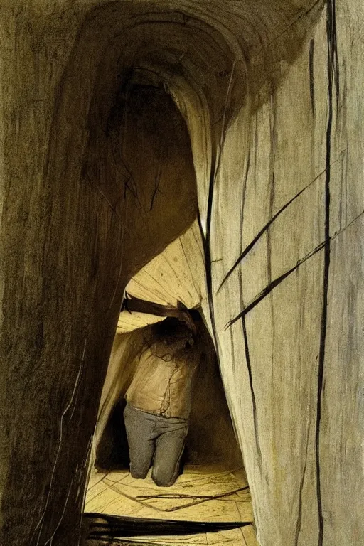 Image similar to Andrew Wyeth artwork, A man with a wooden box under his arm stands inside a dark tunnel, looking up with an expression of horror