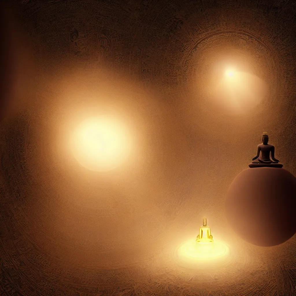 Image similar to meditating buddha sitting inside intricate sacred egyptian art orb, floating in a void surrounded by a parhelion sundog in volumetric lighting., ornate, photorealistic, ultra detailed, octane render, high definition, latent space, depth of field, bokeh, 8 k, artstation, cgsociety