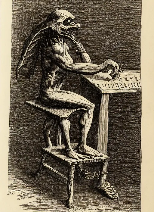Image similar to elmo sits on a stool, demon from the dictionarre infernal, etching by louis le breton, 1 8 6 9, 1 2 0 0 dpi scan, ultrasharp detail, clean scan