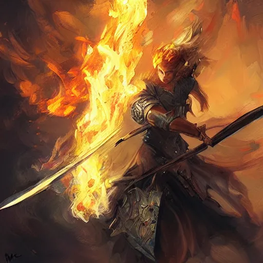 Image similar to a flaming sword, painting by wlop