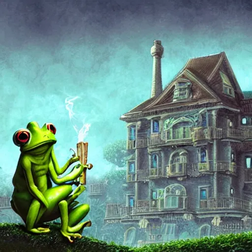 Image similar to A portrait of a scary godlike anthropomorphic frog smoking a cigarette , mansion made of mushrooms in background . award winning. superb resolution. in the art style of junji Ito and greg rutkowski . Detailed Mushroom city in background. Hyper realistic anime. Perfect art. Dalle2