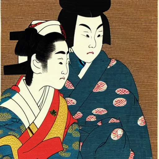Image similar to rivers cuomo with a japanese woman with loose robes, ukiyo - e style