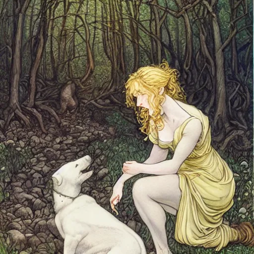 Image similar to pretty girl with curly blonde hair sits in a forest while petting a white pitbull, highly detailed, painting by rebecca guay