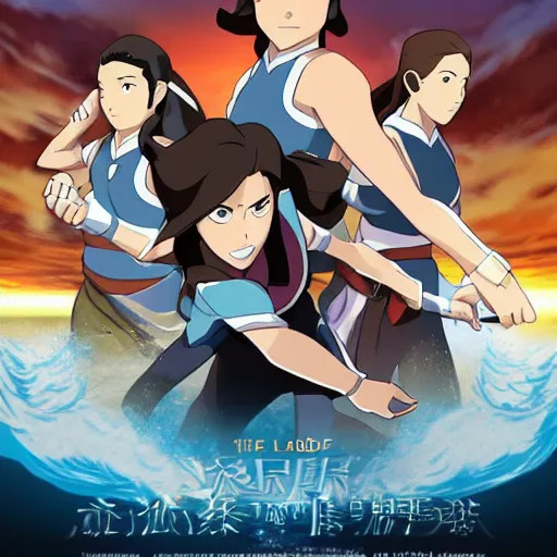 Prompt: the legend of korra, korra is jumping between mountains anime