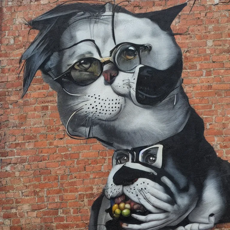 Prompt: Street-art portrait of cat-dog in style of Etam Cru, photorealism