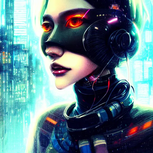 Image similar to by kyoto animation, cool girl wearing cyberpunk intricate streetwear, beautiful, detailed symmetrical close up portrait, intricate complexity, in the style of artgerm and ilya kuvshinov, cell shaded, 4 k, concept art, by wlop, krenz cushart, greg rutkowski, pixiv. cinematic dramatic atmosphere, cinematic lighting, studio quality