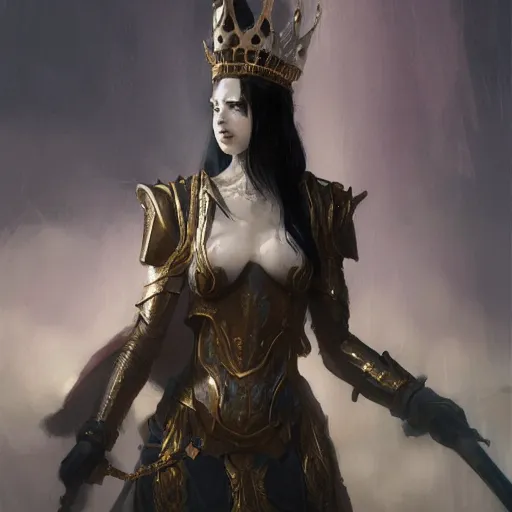 Image similar to portrait of a fantasy tall woman with black hair pale skin and a crown on her head, intricate baroque armour, glowing aura, trending on artstation, 4 k, greg rutkowski, concept art, matte painting,