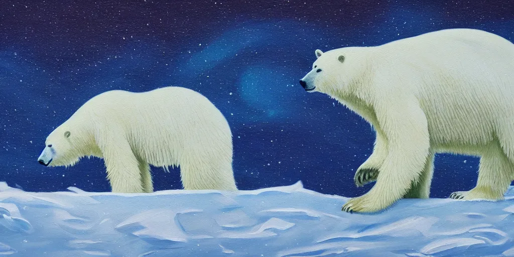 Prompt: an oil painting of a close - up polar bear traversing a snowy landscape at night, the northern lights and the moon are visible