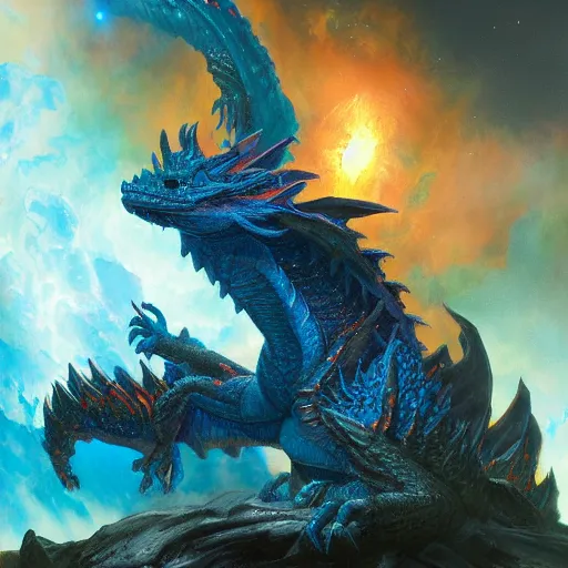 Image similar to prompt crystalline dragon, blue dragon, dragon in space, dragon devouring a planet, sun system, nebula, oil painting, by Fernanda Suarez and and Edgar Maxence and greg rutkowski