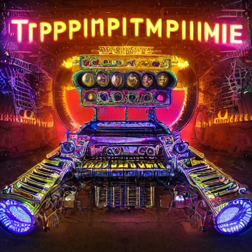 Prompt: album cover, album is called tripmachine, tripmachine, photo of a huge steampunk machine made of guitars and drums and pianos, connected with glowing tubes 8 k, fluorescent colors, halluzinogenic, multicolored, exaggerated detailed, front shot, 3 d render, octane