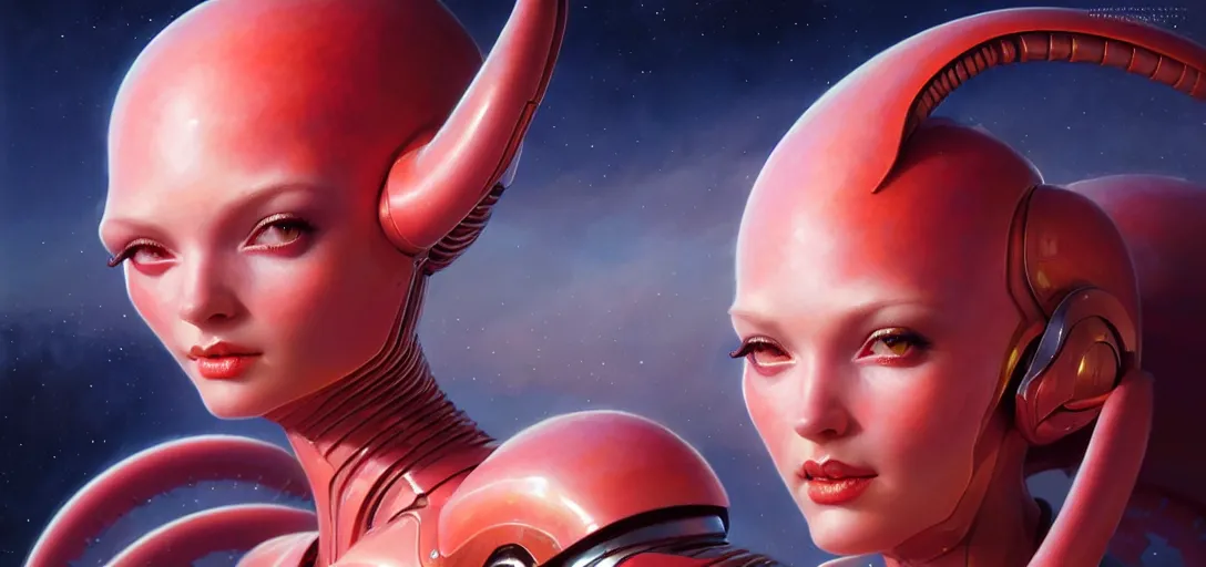 Image similar to face of a cute alien girl wearing shiny plastic armor in the style of roger dean and alberto vargas and stefan kostic, realistic, sharp focus, 8 k high definition, insanely detailed, intricate, elegant, art by greg rutkowski and artgerm, extreme blur coral reef background