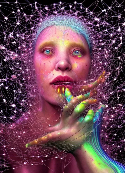 Image similar to hyper detailed 3d render like a Oil painting - Aurora (evocative cyberpunk and oil rainbow faced Singer) seen Eating of the Strangling network of milky Fruit and Her delicate Hands hold of gossamer polyp blossoms bring iridescent fungal flowers whose spores black out the foolish stars by Jacek Yerka, Mariusz Lewandowski, Houdini algorithmic generative render, Abstract brush strokes, Masterpiece, Edward Hopper and James Gilleard, Zdzislaw Beksinski, Mark Ryden, Wolfgang Lettl, hints of Yayoi Kasuma, octane render, 8k