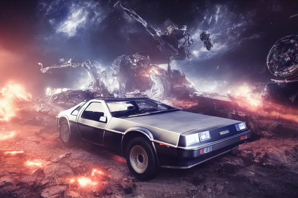 Prompt: ultra realistic delorean dmc 5 drifting on an ancient space highway wreckage in space, dark cinematic, volumetric, realistic, 3 d render, realistic render, cinematic lighting, volumetric lighting, atmospheric, cinematic, unreal engine 5, unreal engine render, octane render, hd, photorealism, hyper realistic, photo, 8 k