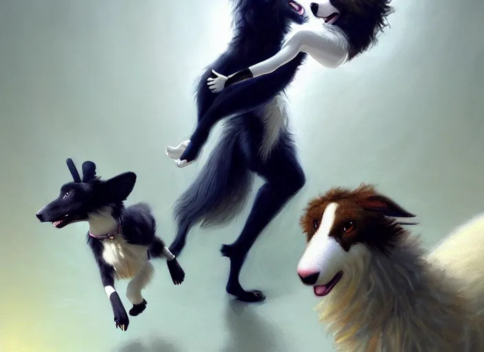 Image similar to wide shot painting of a male anthropomorphic border collie fursona dancing with a cute female anthropomorphic sheep fursona in a ballroom, beautiful, intricate, elegant, realistic proportions, highly detailed, scenic background, trending on artstation, art by charlie bowater and henry asencio and and ross tran