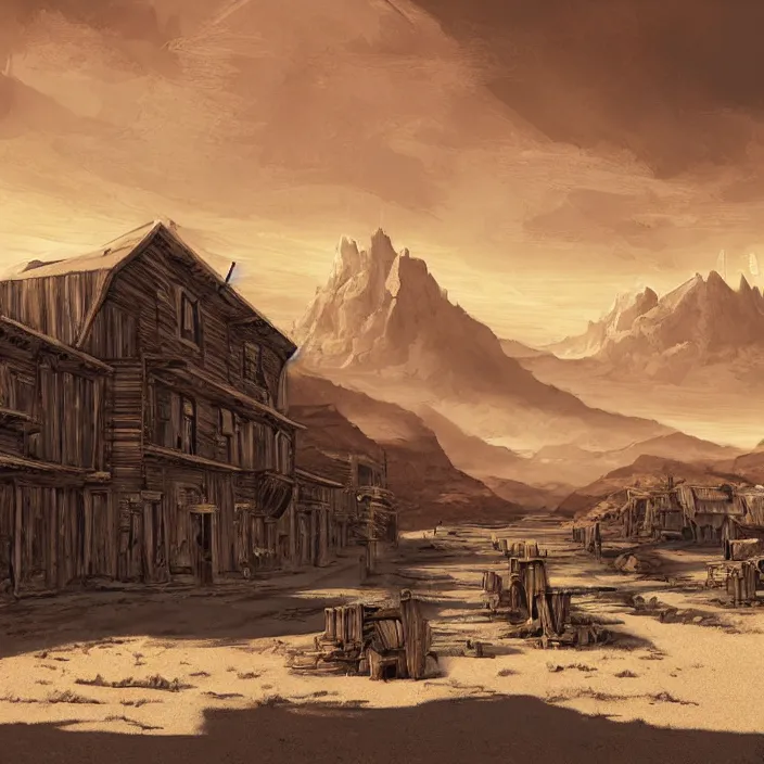 Prompt: old west style city in the middle of a vast sandy flat desert with a single mountain on the very distant horizon. magic the gathering art, digital media