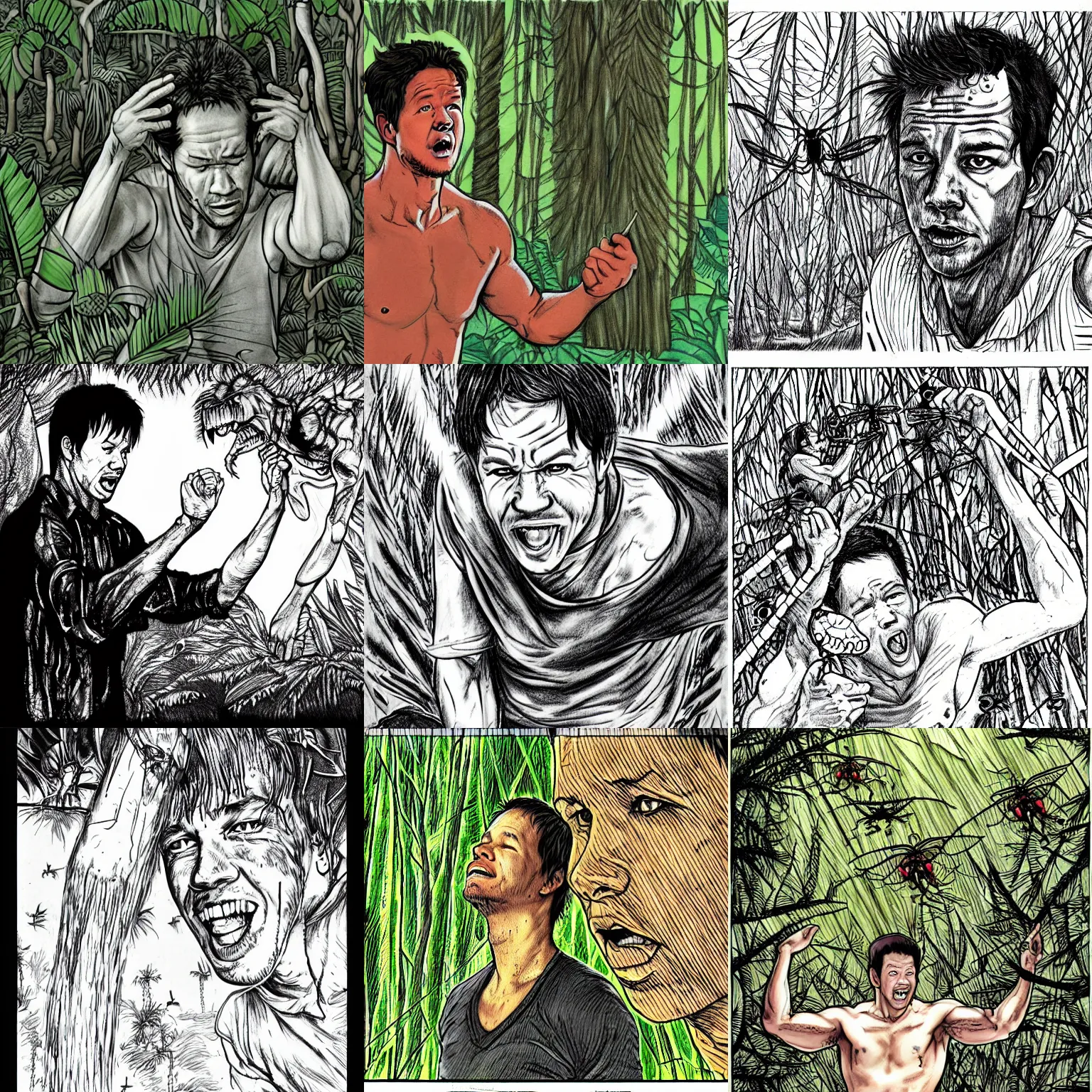 Prompt: sketch of mark wahlberg getting bit by giant mosquitos in a jungle, torment, suffering, afraid, fear, drawing by junji ito - 2 0 2 2, digital art, horror, surreal, trending on artstation