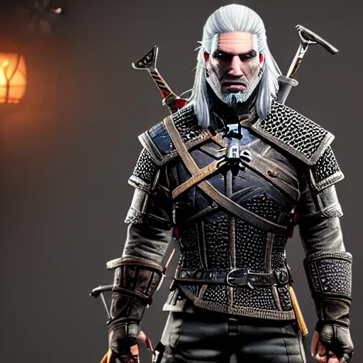 Image similar to geralt of rivia posing at camera in front of mcDonald in pyjamas 4k photo