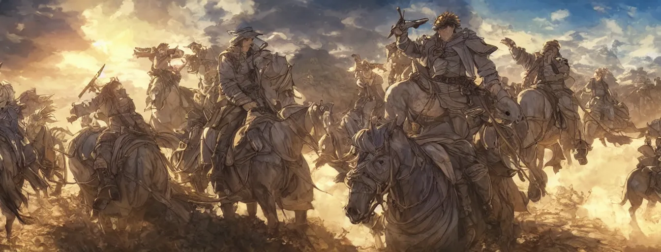 Prompt: calvary soldiers riding to their deaths on the battlefield. hyperrealistic anime background illustration by kim jung gi, colorful, extremely detailed faces, intricate linework, smooth, super sharp focus, bright colors, high contrast, matte, octopath traveler, studio ghibli, unreal engine 5 highly rendered, global illumination, radiant light