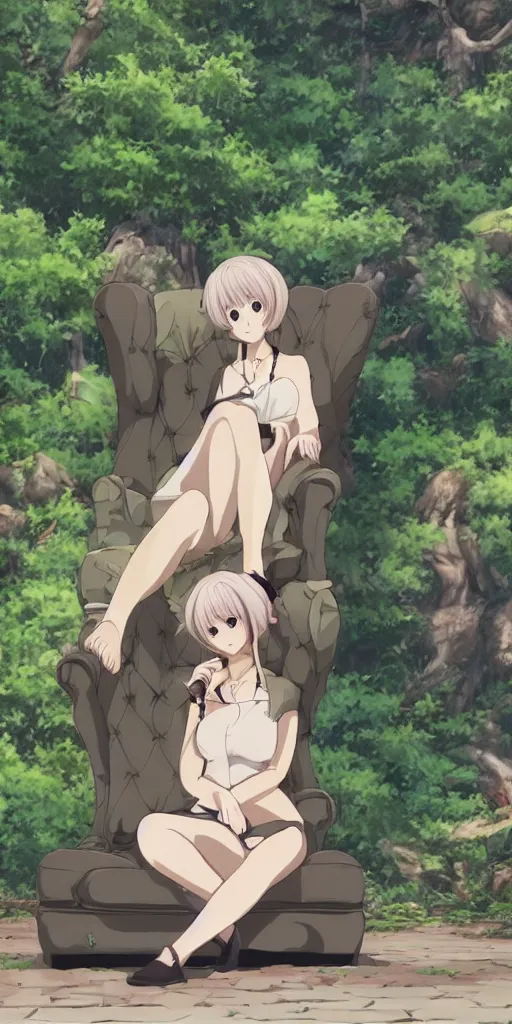 Image similar to a queen of love sitting by herself on a sofa in a forest, drawn by CloverWorks,