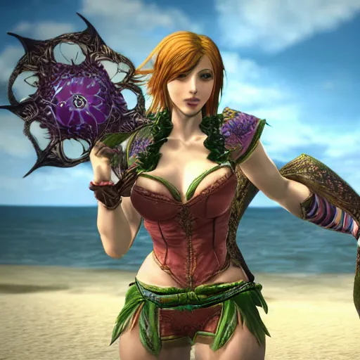 Image similar to ivy from soulcalibur at the beach, 4k, high detail, high-resolution photograph, professional photography, ultra-detail