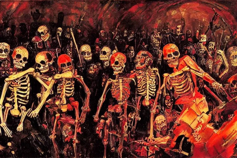 Prompt: scene from spartacus, day of the dead, cyber skeleton, neon painting by otto dix