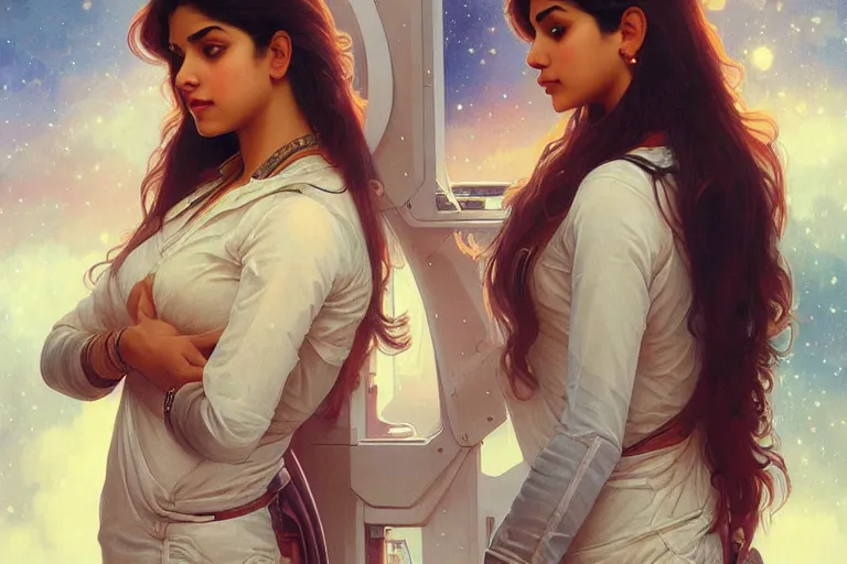 Image similar to Sensuous good looking pale young Indian doctors wearing jeans in a space station above Earth, portrait, elegant, intricate, digital painting, artstation, concept art, smooth, sharp focus, illustration, art by artgerm and greg rutkowski and alphonse mucha