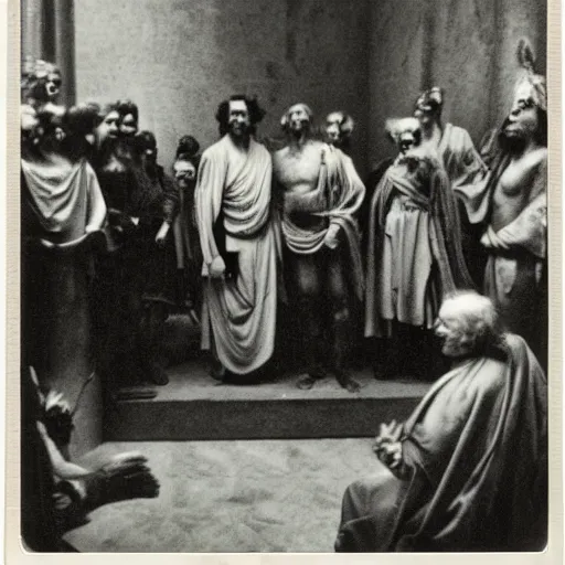 Prompt: polaroid of a ancient roman Caesar speaking before the senate candid shots by Tarkovsky