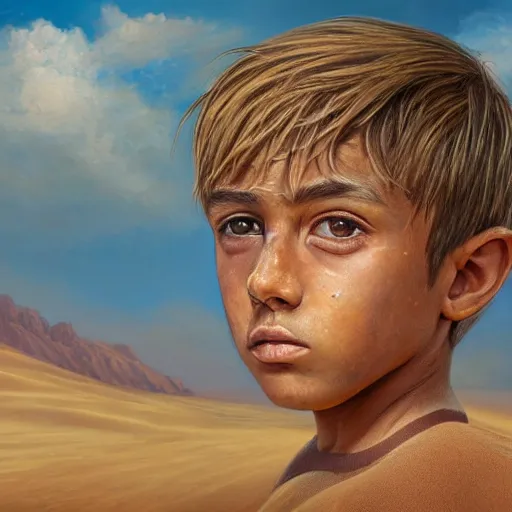 Image similar to a detailed portrait of a tan boy in the desert, fantasy art illustration, incredibly highly detailed and realistic, 8 k, sharp focus