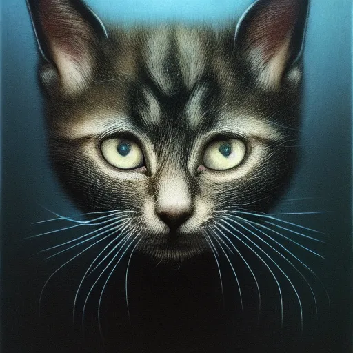 Image similar to a portrait of a kitten, anatomically correct, beautiful perfect face, enigmatic, oil painting, matte, black background, Volumetric dynamic lighting, Highly Detailed, Cinematic Lighting, Unreal Engine, 8k, HD, by Beksinski