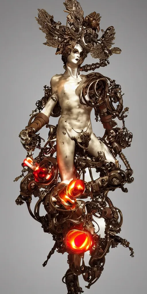 Prompt: a young handsome Spanish metal and porcelain android with a large glowing red lit gem in the center of his chest, full-body bronze cyberpunk style statue of Icarus with glowing p eyes, crown of mechanical peach roses, flowing teal-colored silk, fabric, steampunk flowers. baroque elements, human skull. full-length view. baroque element. intricate artwork by caravaggio. many flying horses on background. Trending on artstation, octane render, cinematic lighting from the right, hyper realism, octane render, 8k, depth of field, 3D