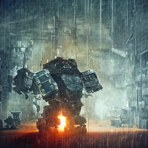 Image similar to mecha made from car parts, dark messy smoke - filled cluttered workshop, dark, dramatic lighting, orange tint, cinematic, highly detailed, sci - fi, futuristic, movie still from blade runner