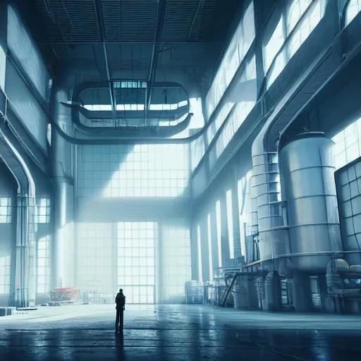 Image similar to the inside of a very tall factory, big pods, big windows, octane render, cool colour scheme, white, cyberpunk architecture, cinematic, scenery, unreal engine, render, cgsociety, modernism, futuristic, artstation, sci - fi, high detail, high quality, close up angle,