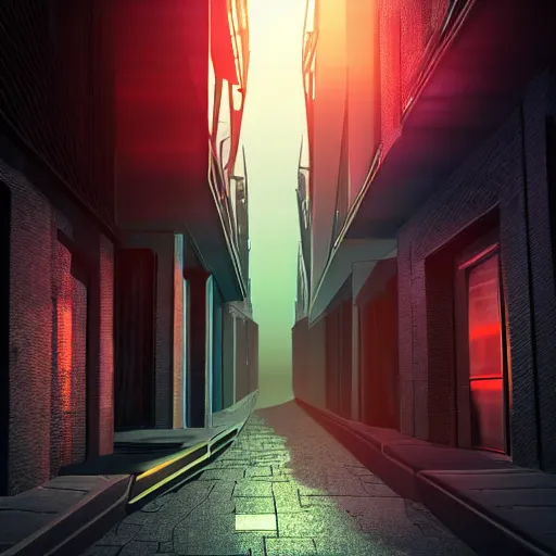 Prompt: futuristic urban island city at dusk. a shadowy figure with two bright, shining eyes peers out from the shadows of an alley. cgartist. leading lines. volumetric lighting. god rays.
