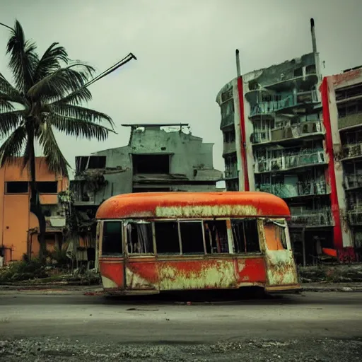 Image similar to low wide angle shot of dilapidated fallout 5 miami, tropical coastal city, desolate, dilapidated neon signs, few rusted retro futuristic vintage parked vehicles like cars, buses, trucks, trams, volumetric lighting, photorealistic, fog, daytime, autumn, overcast weather, sharp focus, ultra detailed, 4 0 0 0 k