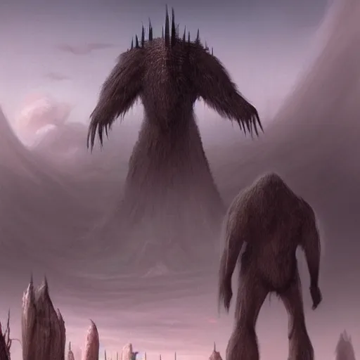 Prompt: a giant creature looms in the distance, towering over someone who is very small in comparison, horror art