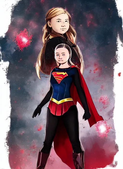 Prompt: highly detailed portrait of greta thunberg as supergirl, by Dustin Nguyen, Akihiko Yoshida, Greg Tocchini, Greg Rutkowski, Cliff Chiang, 4k resolution, nier:automata inspired, bravely default inspired, vibrant but dreary red, black and white color scheme!!! ((Space nebula background))