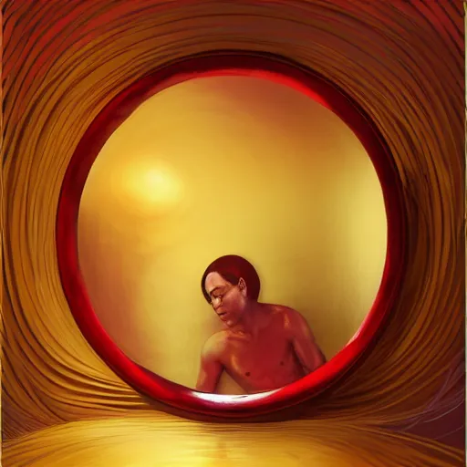 Prompt: Kiko Mazuhara full body laying in a blood red pool of water between a golden mirror frame, outside is space and inside the mirror frame is a beautiful landscape. Hyperrealistic surreal 4K IMAX Rene Margritte intricate, elegant, highly detailed, digital painting, artstation, concept art, smooth, sharp focus, illustration, art by artgerm and greg rutkowski and alphonse mucha