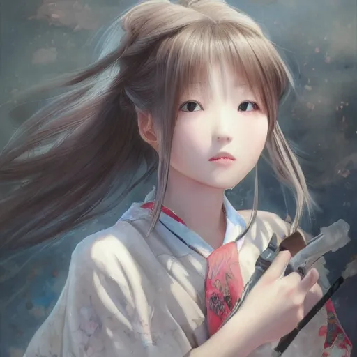 Image similar to dynamic composition, motion, ultra-detailed, incredibly detailed, a lot of details, amazing fine details and brush strokes, colorful and grayish palette, smooth, HD semirealistic anime CG concept art digital painting, watercolor oil painting of a Japanese schoolgirl, by a Chinese artist at ArtStation, by Huang Guangjian, Fenghua Zhong, Ruan Jia, Xin Jin and Wei Chang. Realistic artwork of a Chinese videogame, gradients, gentle an harmonic grayish colors.