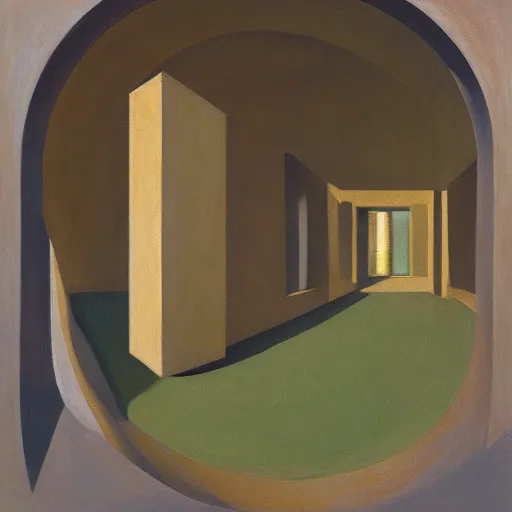 Image similar to first person view of a stark concrete maze, people peering into portholes, grant wood, pj crook, edward hopper, oil on canvas