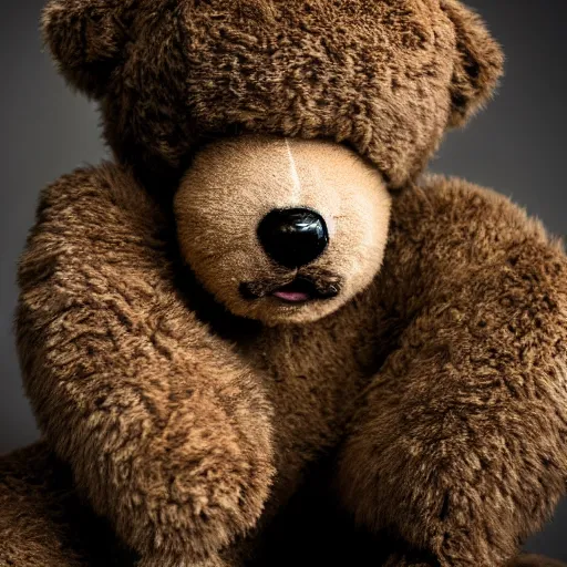 Image similar to Portrait studio photograph of Kanye West & an anthropomorphic teddy bear, close up, shallow depth of field, in the style of Felice Beato, Noir film still, 40mm