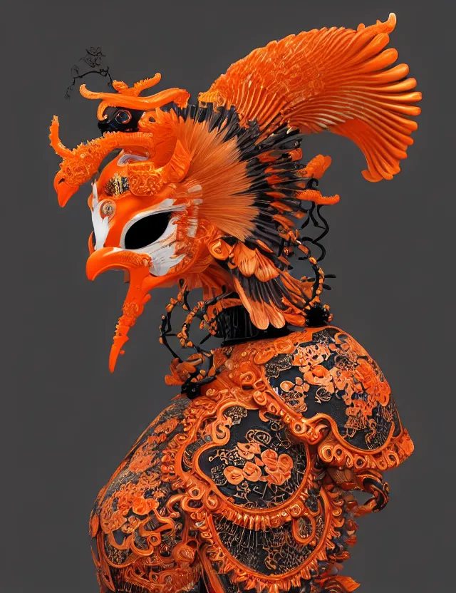 Image similar to 3 d goddess close - up profile portrait biomechanics with ram skull. beautiful intricately detailed japanese crow kitsune mask and clasical japanese kimono. betta fish, jellyfish phoenix, bio luminescent, plasma, ice, water, wind, creature, artwork by tooth wu and wlop and beeple and greg rutkowski. gold black teal and orange color scheme