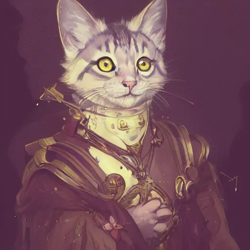 Image similar to A heraldic prince kitty cat with big cute eyes, D&D, fantasy, intricate, cinematic lighting, highly detailed, digital painting, artstation, concept art, smooth, sharp focus, illustration, art by Akihiko Yoshida, Greg Rutkowski and Alphonse Mucha