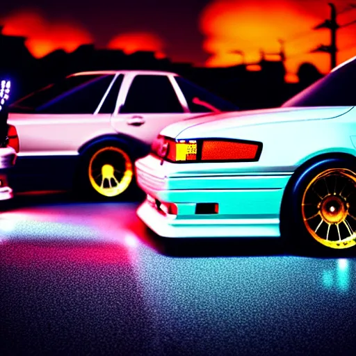 Image similar to a car Toyota Chaser twin-turbo at illegal car meet, Saitama prefecture, city sunset mist neon lights, cinematic color, photorealistic, highly detailed, 200MM